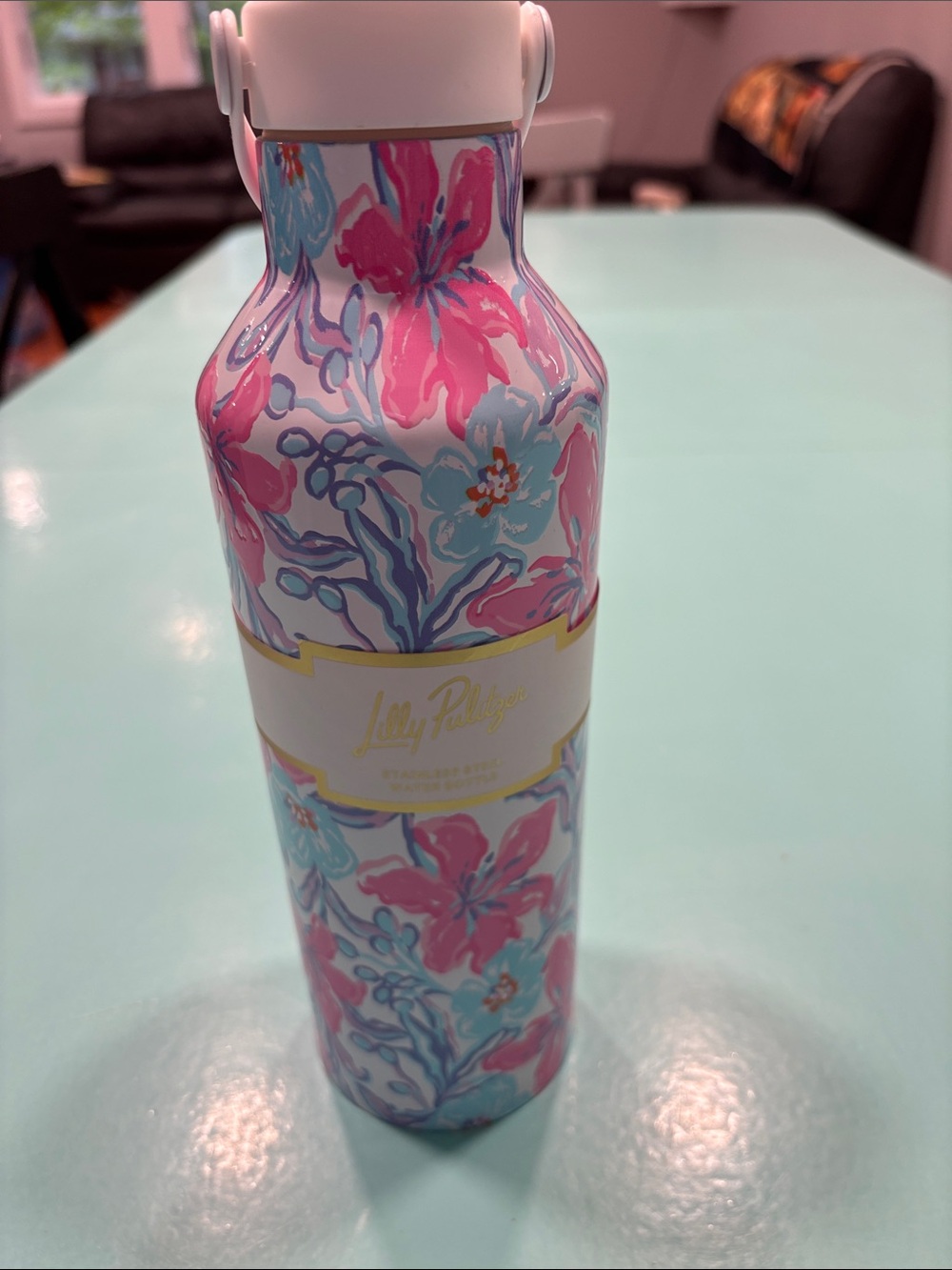 Lilly Pulitzer Pink & Light Blue Floral Water Bottle with Gold Logo - Picture 5 of 5
